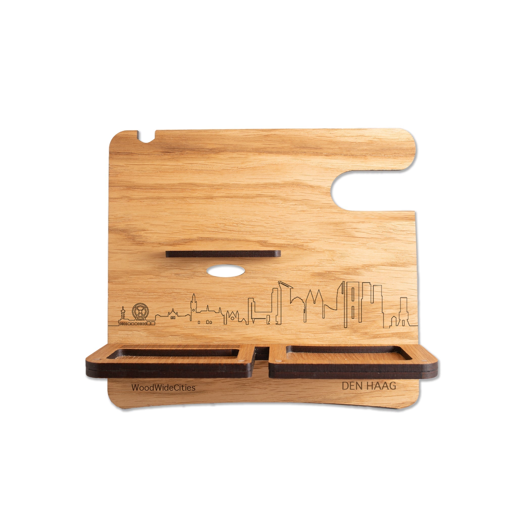 Skyline Desk Organizer Den Haag houten cadeau decoratie relatiegeschenk van WoodWideCities