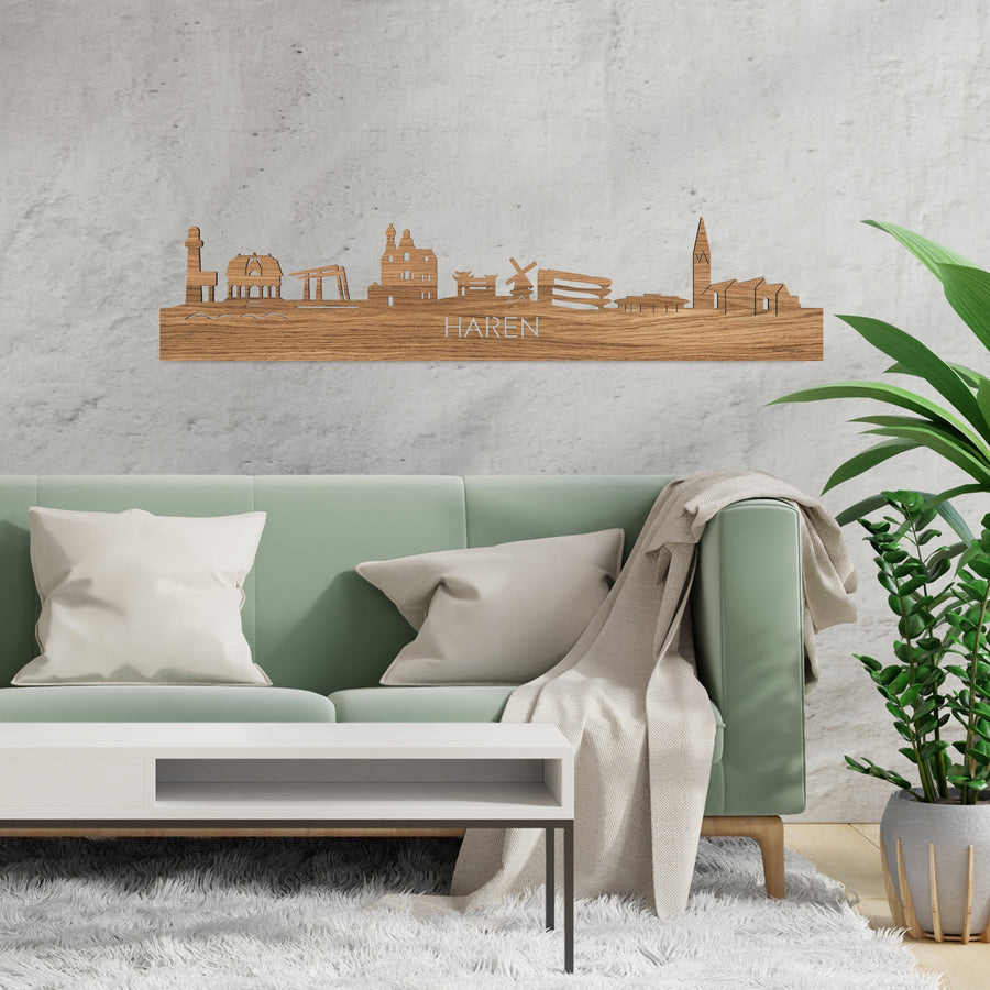 Skyline Haren Eiken houten cadeau decoratie relatiegeschenk van WoodWideCities