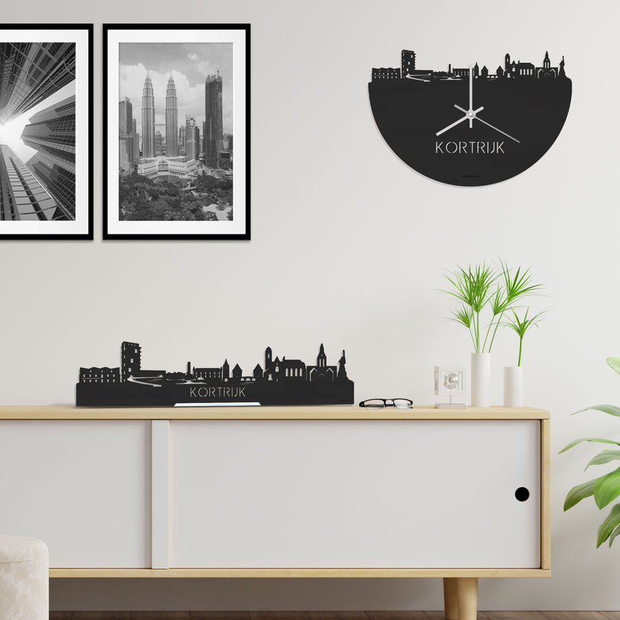 Skyline Klok Kortrijk Black Zwart houten cadeau decoratie relatiegeschenk van WoodWideCities