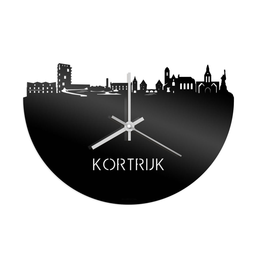 Skyline Klok Kortrijk Zwart glanzend gerecycled kunststof cadeau decoratie relatiegeschenk van WoodWideCities
