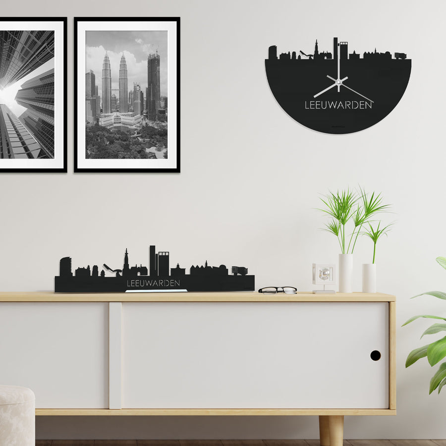 Skyline Klok Leeuwarden Black Zwart houten cadeau decoratie relatiegeschenk van WoodWideCities