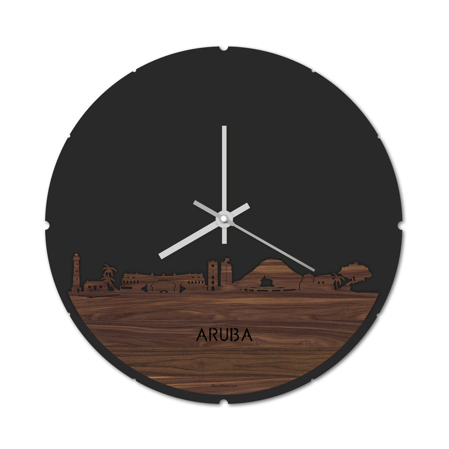 Skyline Klok Rond Aruba Noten houten cadeau decoratie relatiegeschenk van WoodWideCities