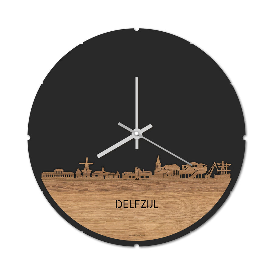 Skyline Klok Rond Delfzijl Eiken Eiken houten cadeau decoratie relatiegeschenk van WoodWideCities