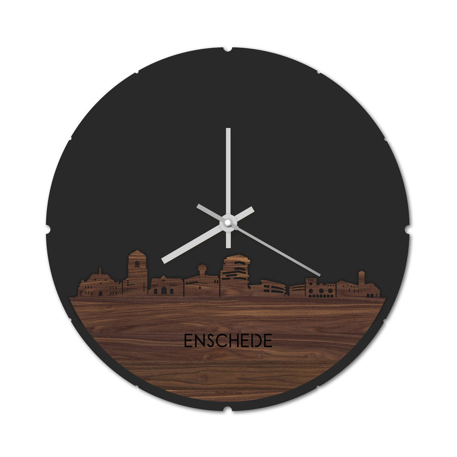 Skyline Klok Rond Enschede Noten Noten houten cadeau decoratie relatiegeschenk van WoodWideCities