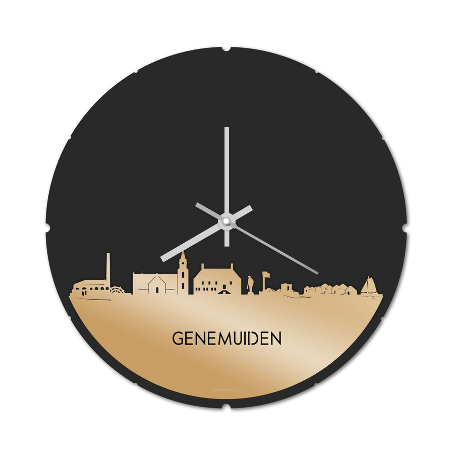 Skyline Klok Rond Genemuiden Metallic Goud gerecycled kunststof cadeau decoratie relatiegeschenk van WoodWideCities