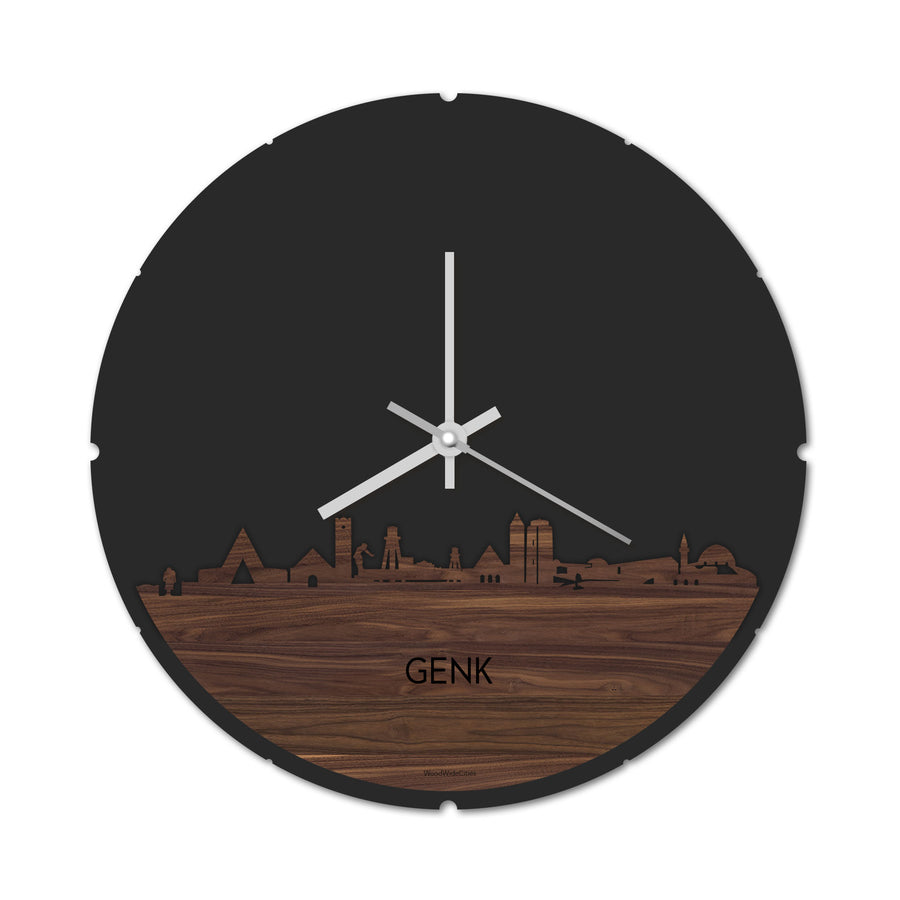 Skyline Klok Rond Genk Noten houten cadeau decoratie relatiegeschenk van WoodWideCities