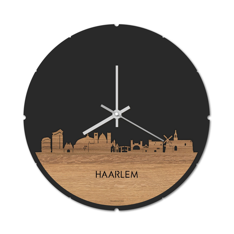 Skyline Klok Rond Haarlem Eiken Eiken houten cadeau decoratie relatiegeschenk van WoodWideCities