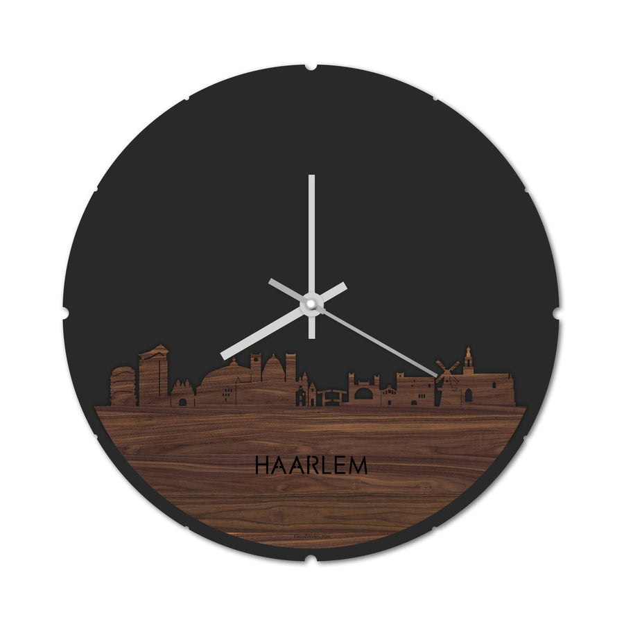 Skyline Klok Rond Haarlem Noten Noten houten cadeau decoratie relatiegeschenk van WoodWideCities
