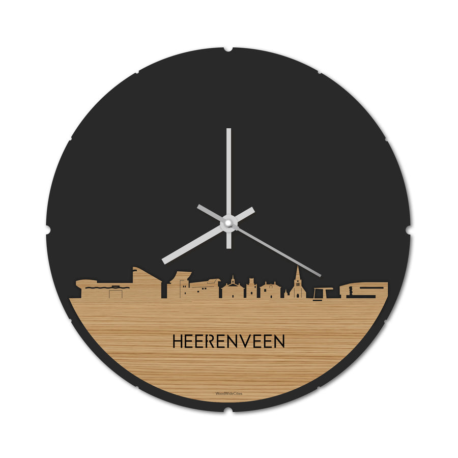 Skyline Klok Rond Heerenveen Bamboe houten cadeau decoratie relatiegeschenk van WoodWideCities