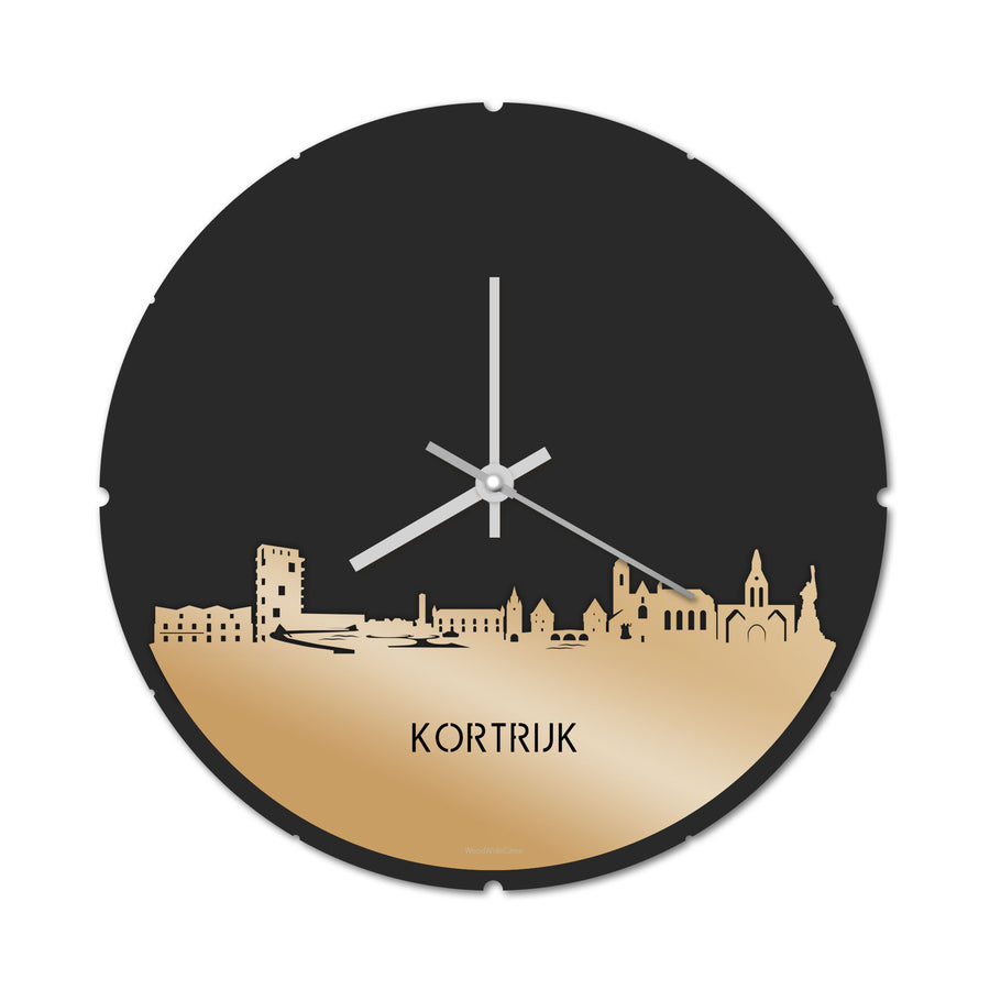 Skyline Klok Rond Kortrijk Metallic Goud gerecycled kunststof cadeau decoratie relatiegeschenk van WoodWideCities