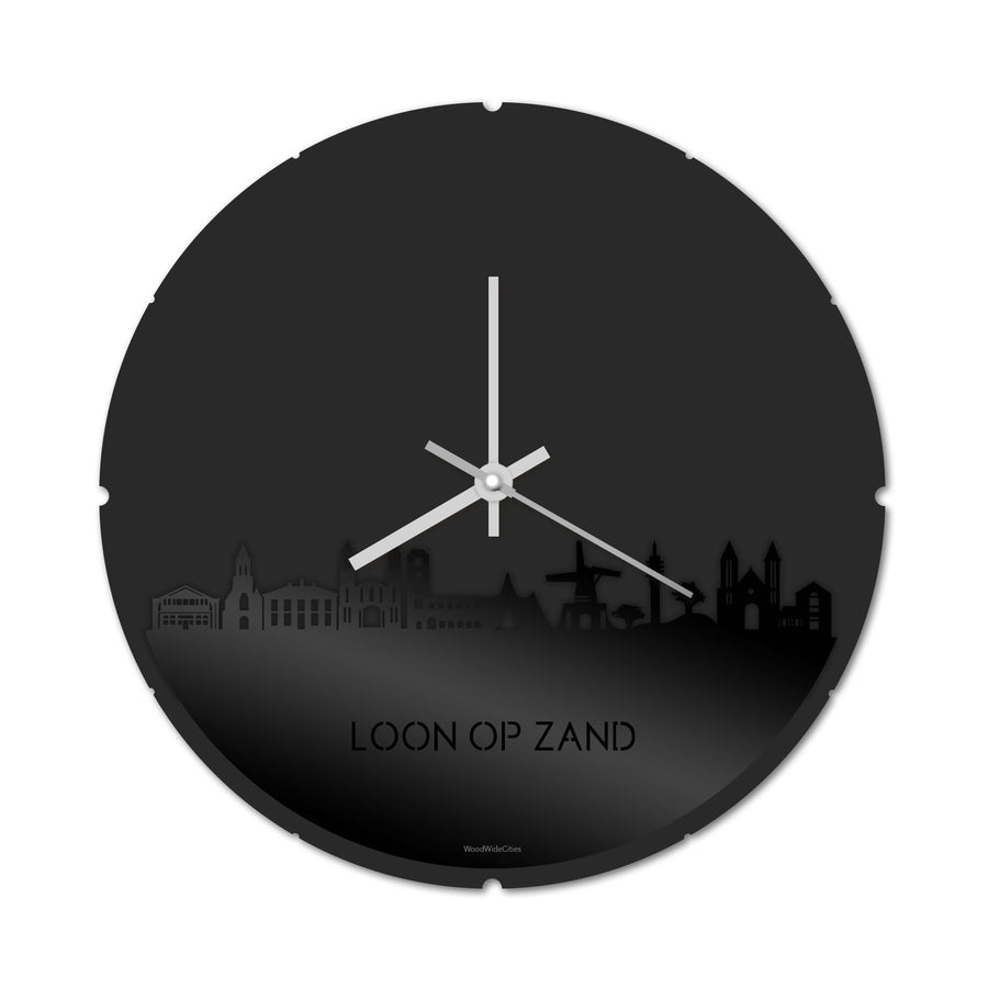 Skyline Klok Rond Loon op Zand Zwart glanzend gerecycled kunststof cadeau decoratie relatiegeschenk van WoodWideCities