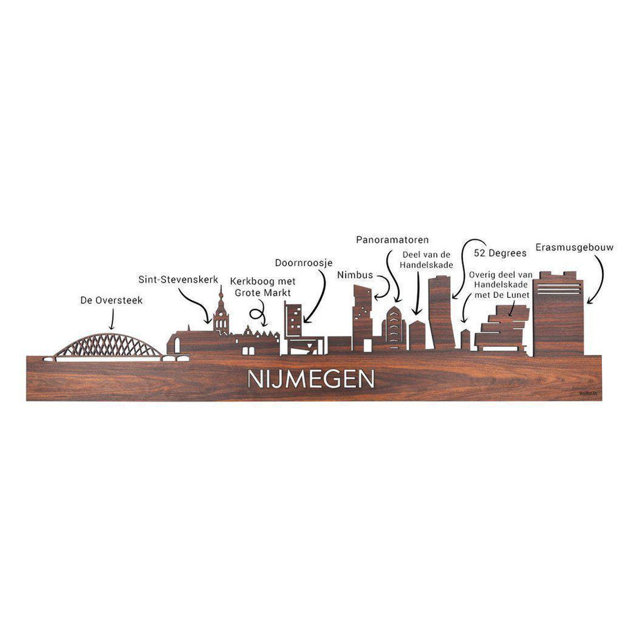 Skyline Klok Rond Nijmegen Noten houten cadeau decoratie relatiegeschenk van WoodWideCities