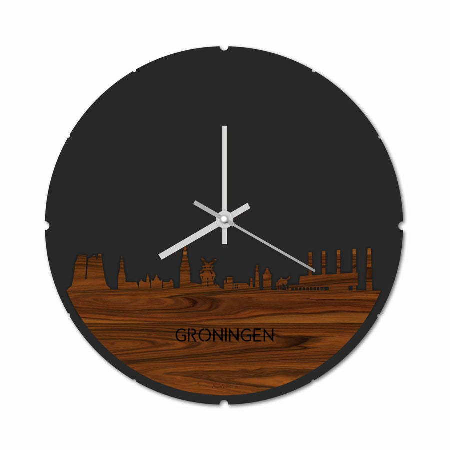 Skyline Klok Rond Oud Groningen Palissander houten cadeau decoratie relatiegeschenk van WoodWideCities