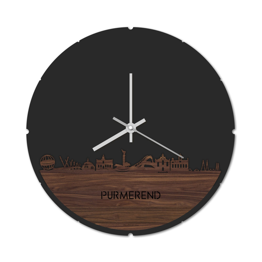 Skyline Klok Rond Purmerend Noten houten cadeau decoratie relatiegeschenk van WoodWideCities
