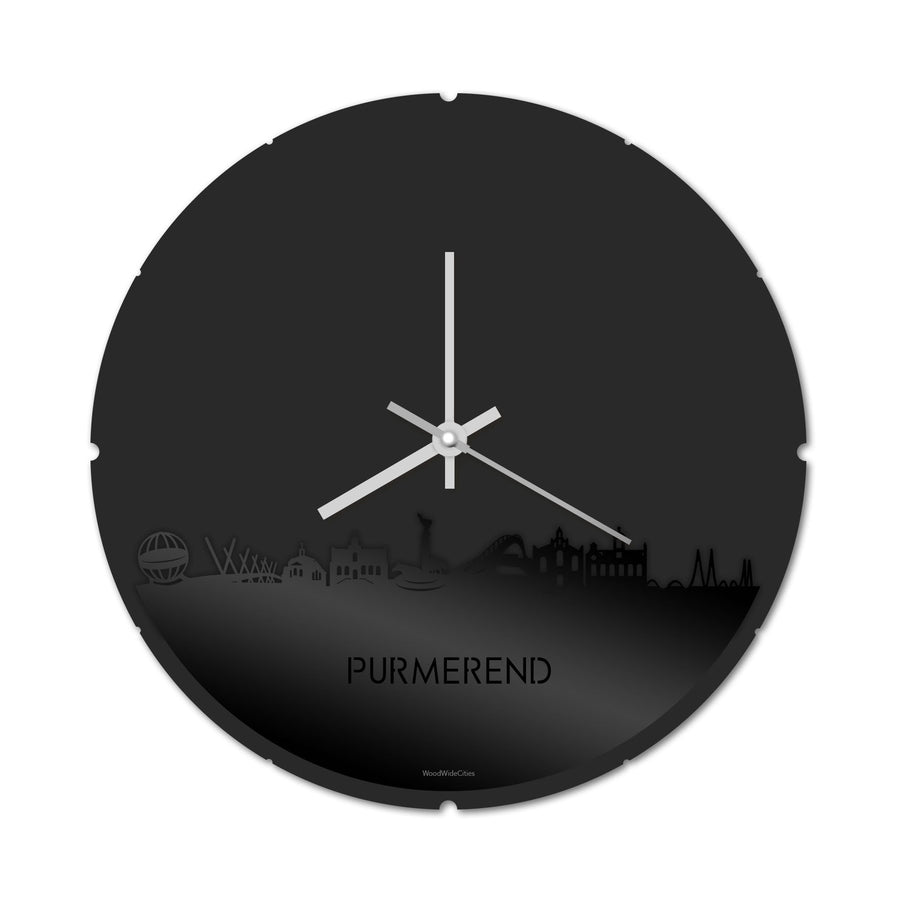 Skyline Klok Rond Purmerend Zwart glanzend gerecycled kunststof cadeau decoratie relatiegeschenk van WoodWideCities