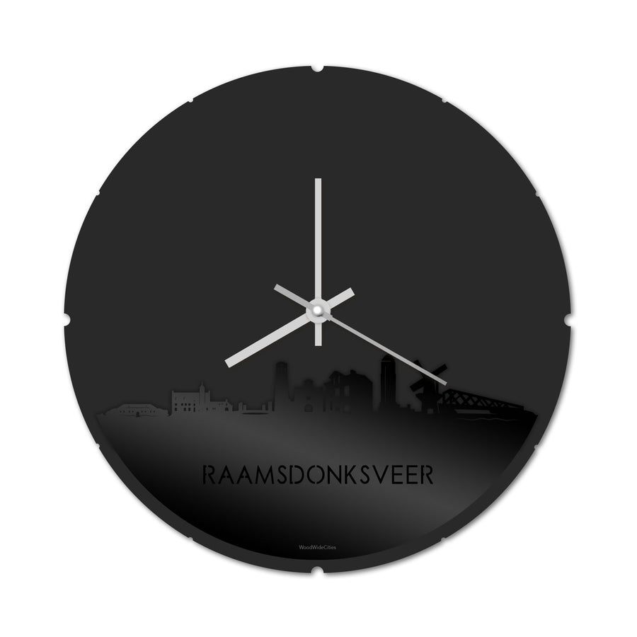 Skyline Klok Rond Raamsdonksveer Zwart glanzend gerecycled kunststof cadeau decoratie relatiegeschenk van WoodWideCities