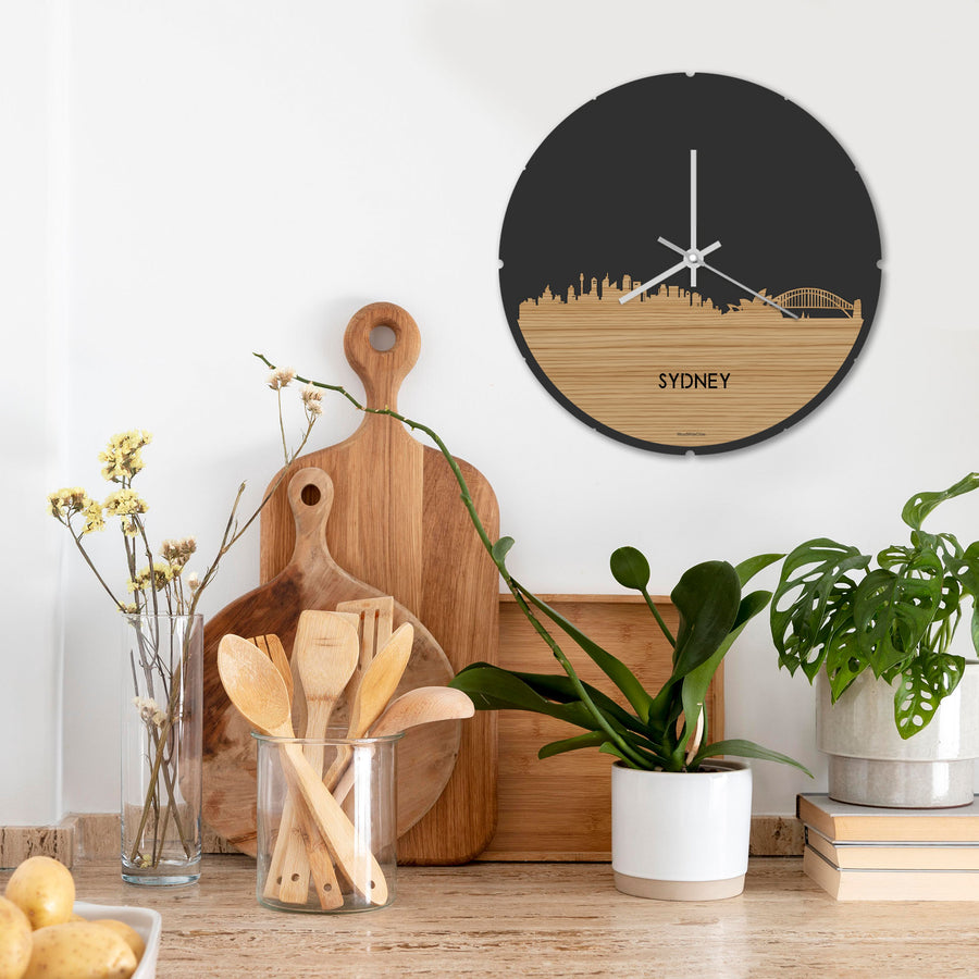 Skyline Klok Rond Sydney Bamboe houten cadeau decoratie relatiegeschenk van WoodWideCities