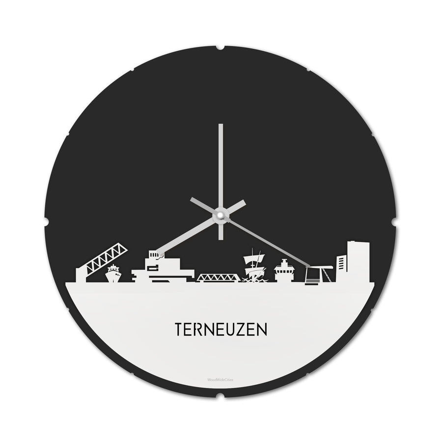 Skyline Klok Rond Terneuzen Wit glanzend gerecycled kunststof cadeau decoratie relatiegeschenk van WoodWideCities