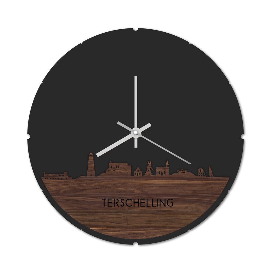 Skyline Klok Rond Terschelling Noten houten cadeau decoratie relatiegeschenk van WoodWideCities