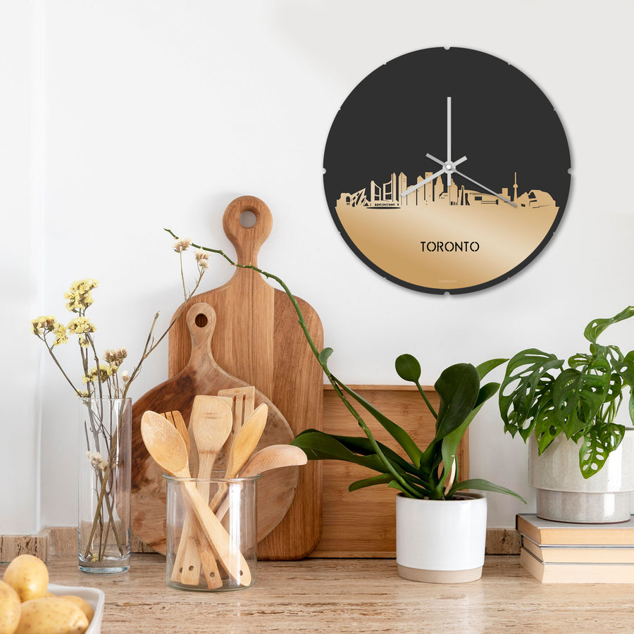 Skyline Klok Rond Toronto Metallic Goud gerecycled kunststof cadeau decoratie relatiegeschenk van WoodWideCities