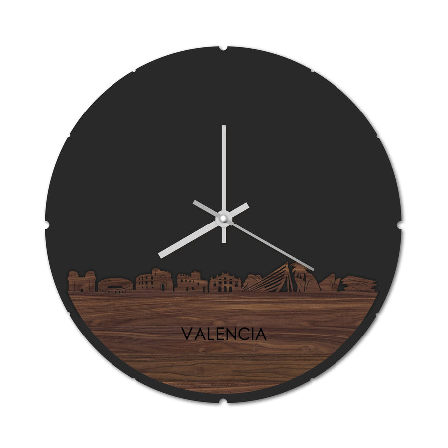 Skyline Klok Rond Valencia Noten Noten houten cadeau decoratie relatiegeschenk van WoodWideCities