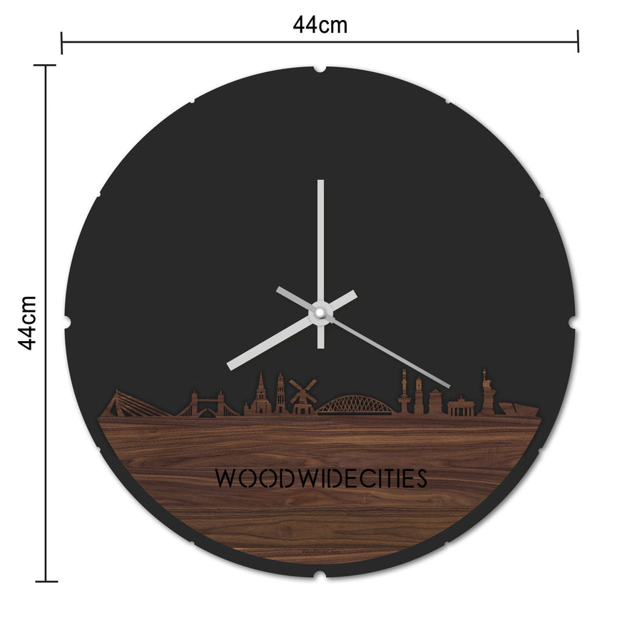 Skyline Klok Rond WoodWideCities Noten houten cadeau decoratie relatiegeschenk van WoodWideCities