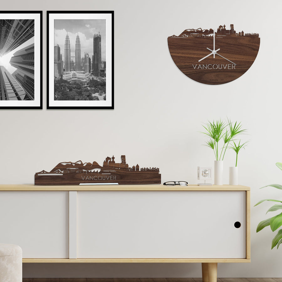 Skyline Klok Vancouver Noten houten cadeau decoratie relatiegeschenk van WoodWideCities