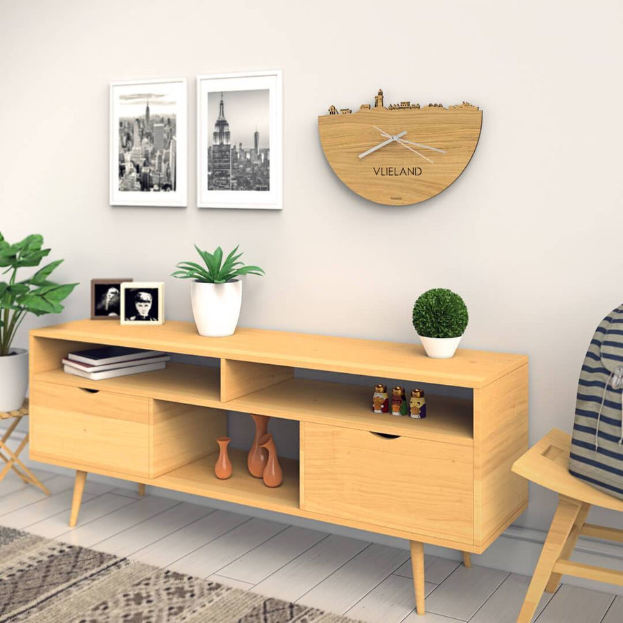 Skyline Klok Vlieland Eiken houten cadeau wanddecoratie relatiegeschenk van WoodWideCities