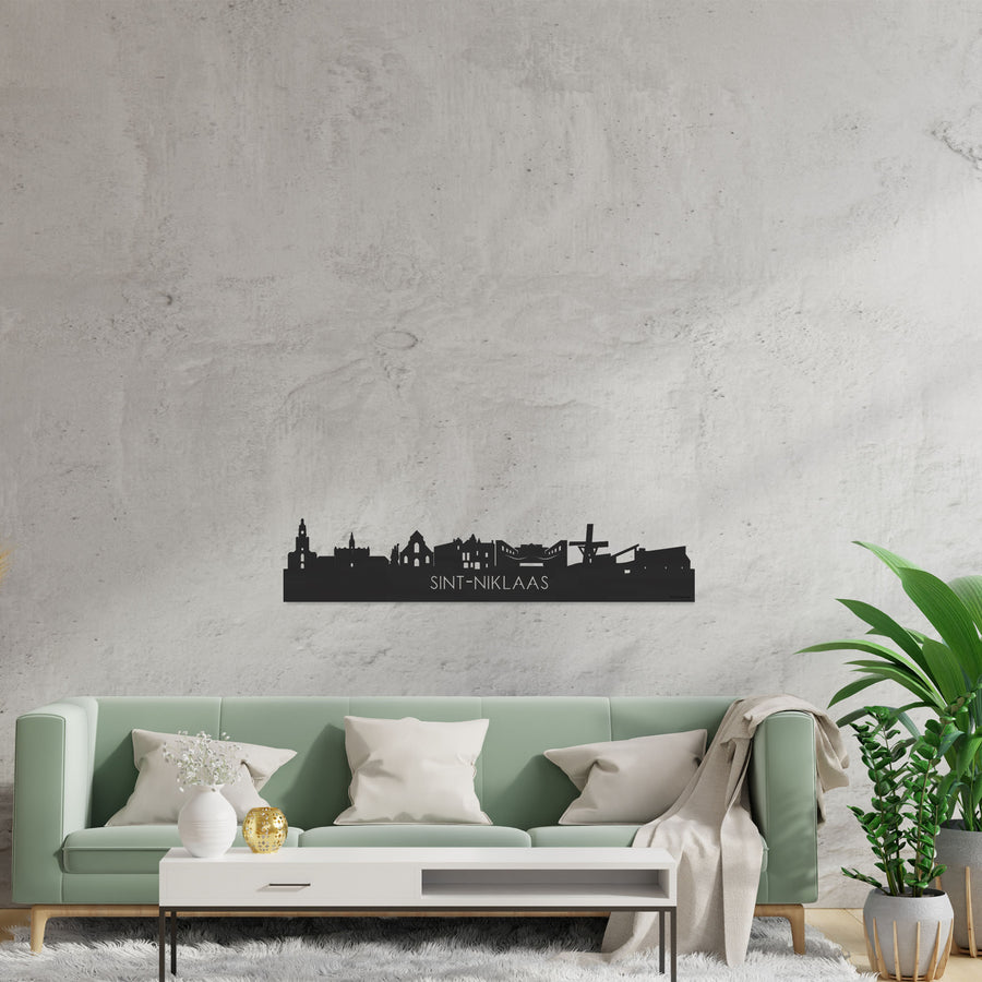 Skyline Sint-Niklaas Zwart houten cadeau decoratie relatiegeschenk van WoodWideCities
