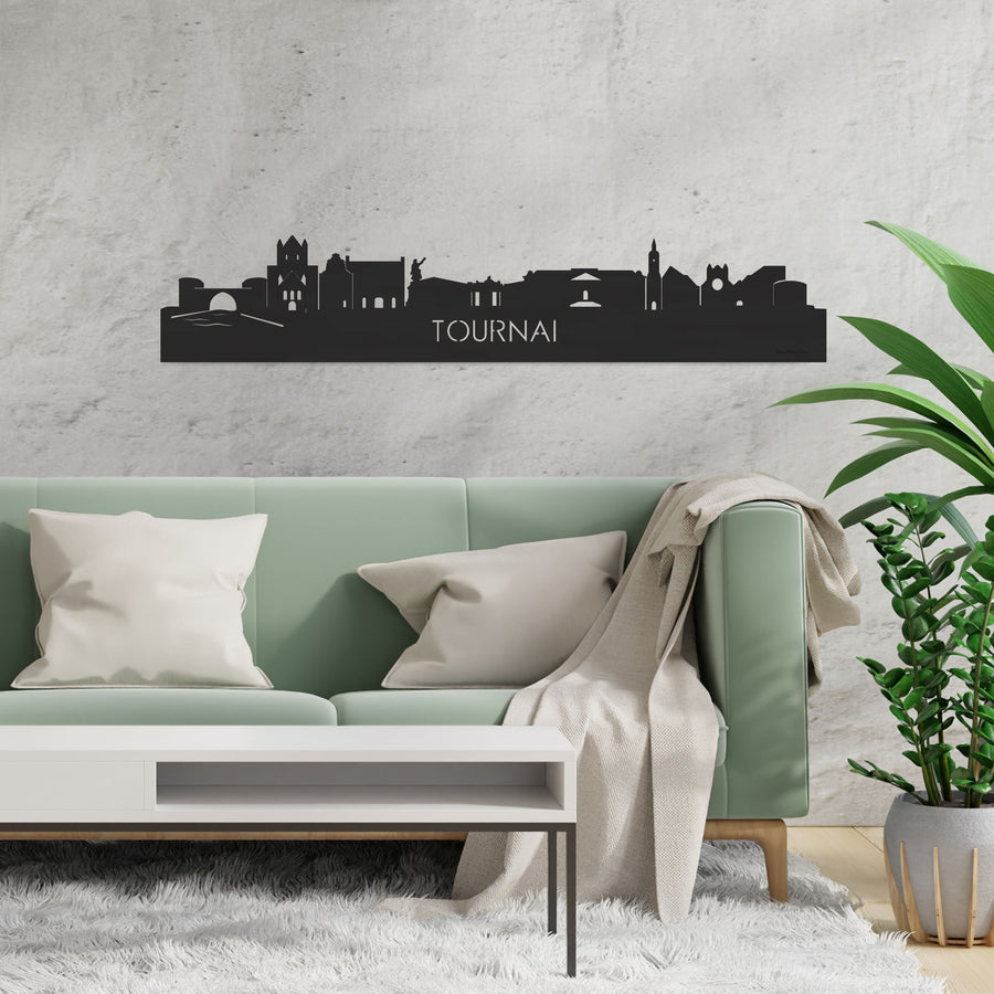 Skyline Tournai Zwart houten cadeau decoratie relatiegeschenk van WoodWideCities