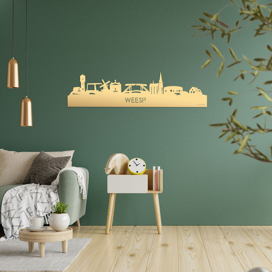Skyline Weesp Metallic Goud gerecycled kunststof cadeau decoratie relatiegeschenk van WoodWideCities