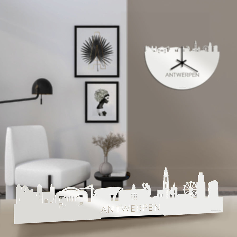 Standing Skyline Antwerpen Wit glanzend gerecycled kunststof cadeau decoratie relatiegeschenk van WoodWideCities