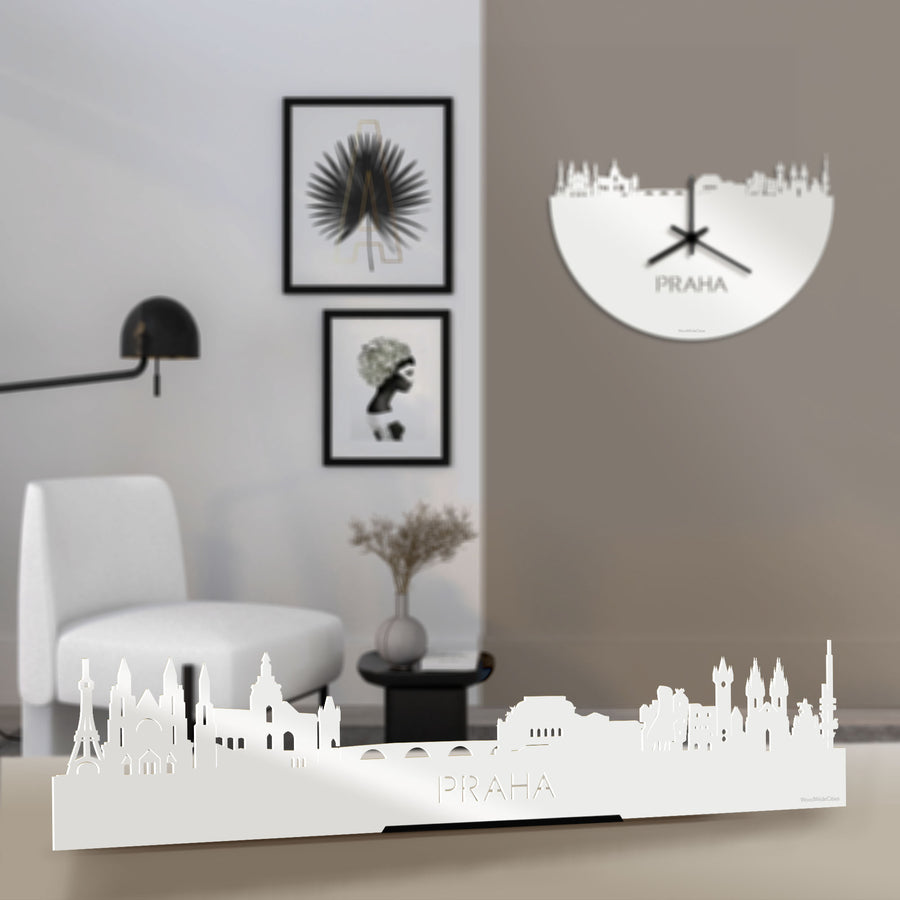 Standing Skyline Praha Wit glanzend gerecycled kunststof cadeau decoratie relatiegeschenk van WoodWideCities