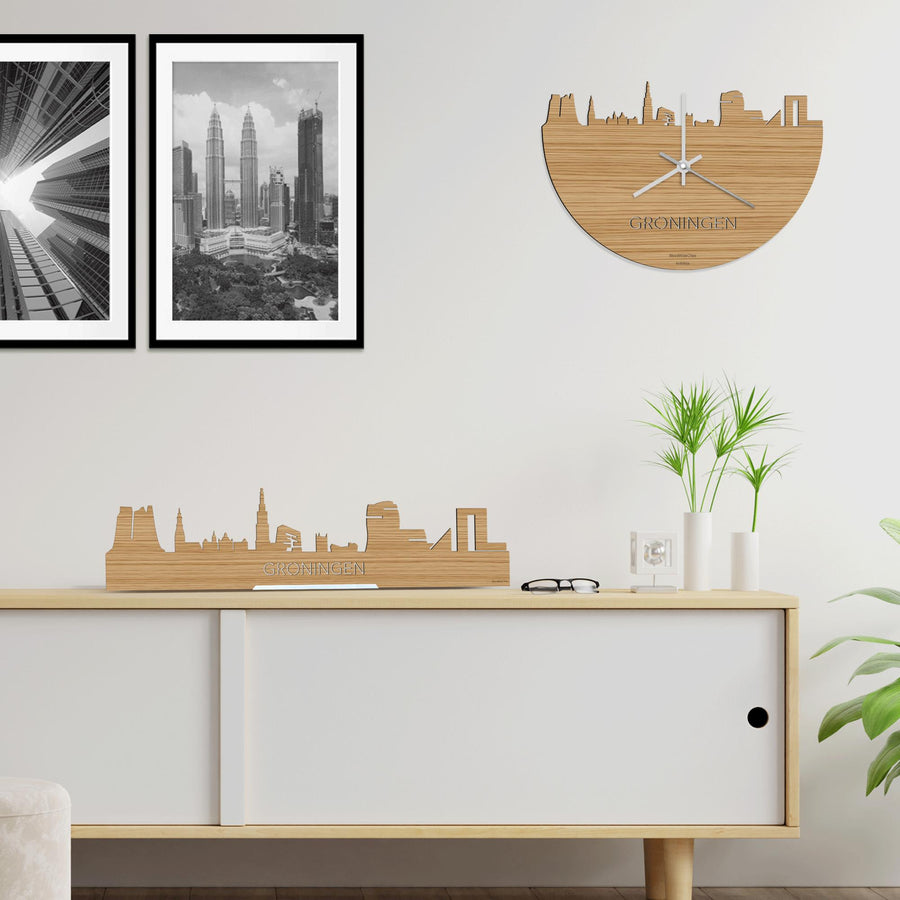 Skyline Klok Groningen Bamboe houten cadeau wanddecoratie relatiegeschenk van WoodWideCities