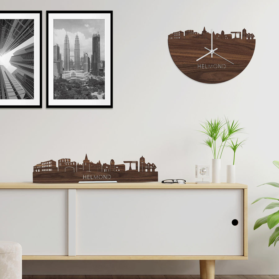 Skyline Klok Helmond Noten houten cadeau wanddecoratie relatiegeschenk van WoodWideCities