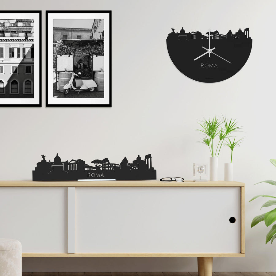 Skyline Klok Rome Black houten cadeau wanddecoratie relatiegeschenk van WoodWideCities
