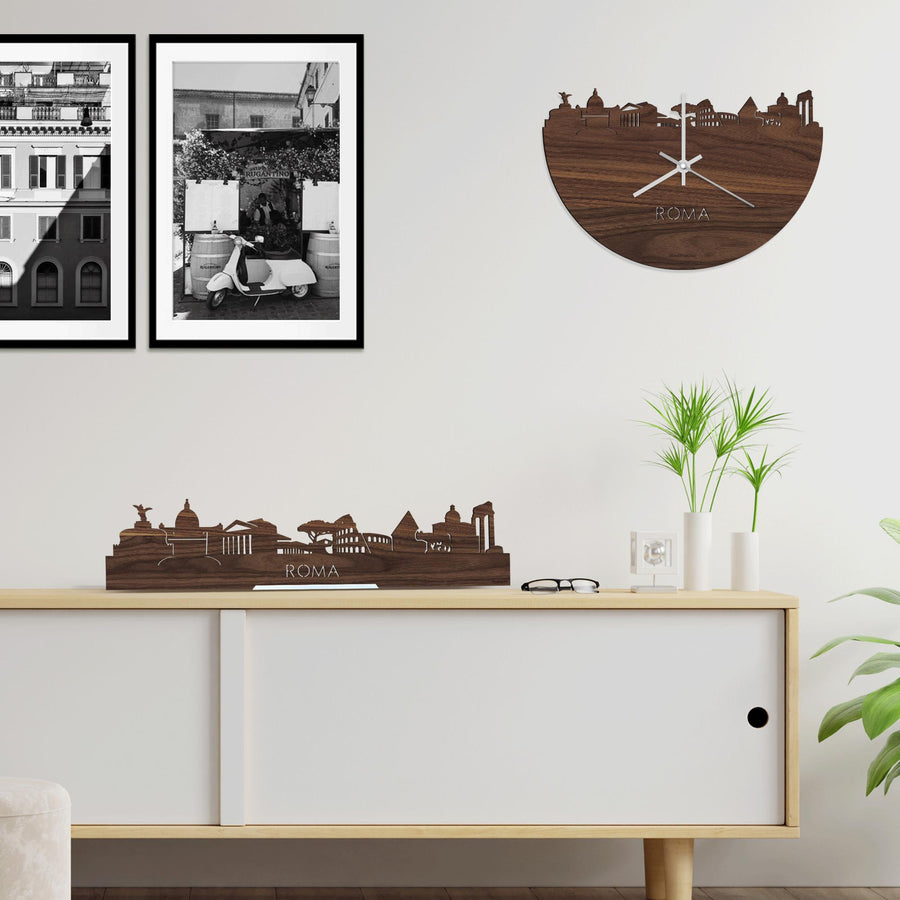 Skyline Klok Rome Noten houten cadeau wanddecoratie relatiegeschenk van WoodWideCities