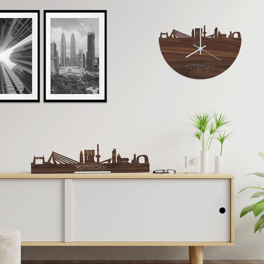 Skyline Klok Rotterdam Noten houten cadeau wanddecoratie relatiegeschenk van WoodWideCities