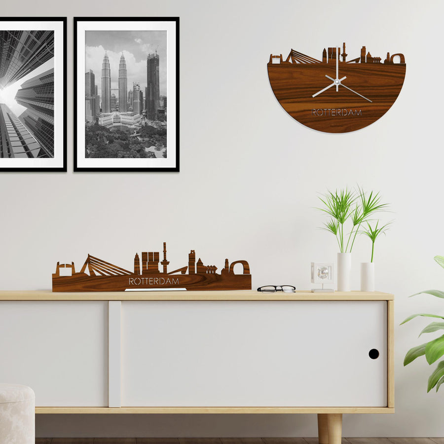 Skyline Klok Rotterdam Palissander houten cadeau wanddecoratie relatiegeschenk van WoodWideCities