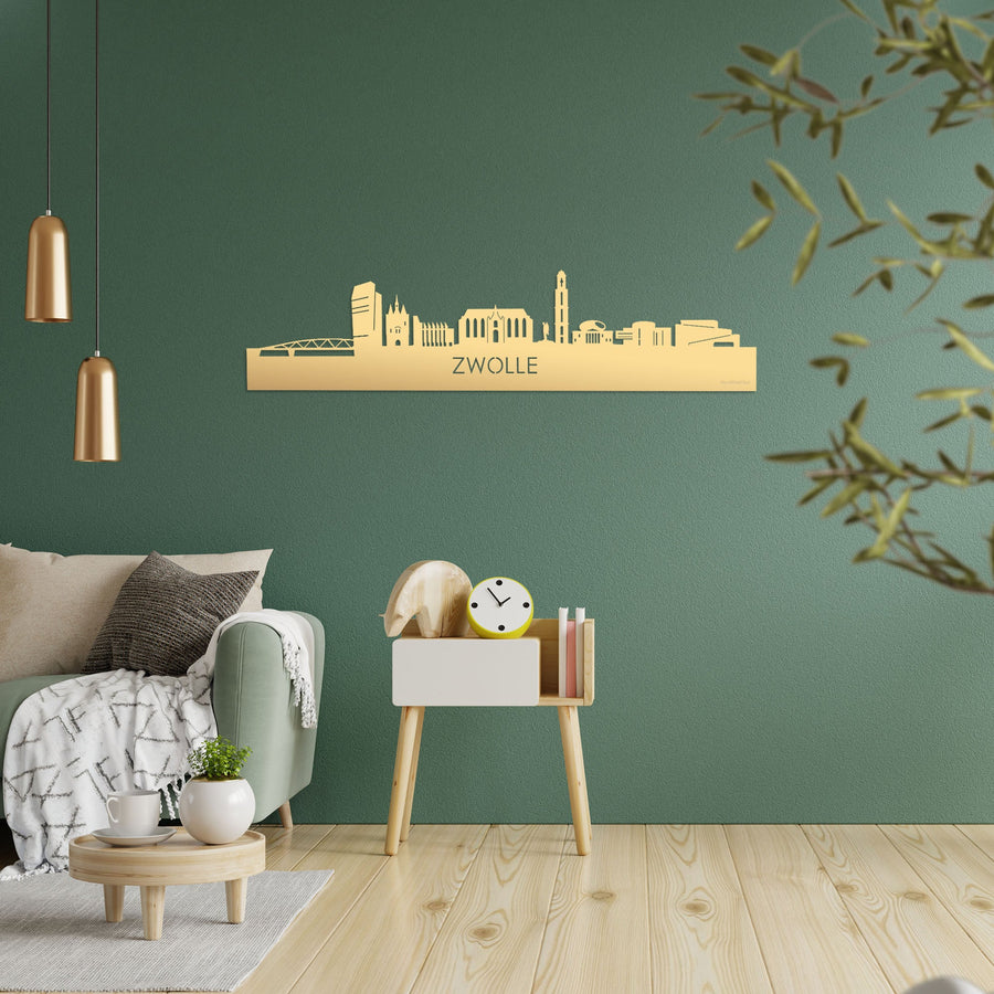 Skyline Zwolle Metallic Goud gerecycled kunststof cadeau decoratie relatiegeschenk van WoodWideCities