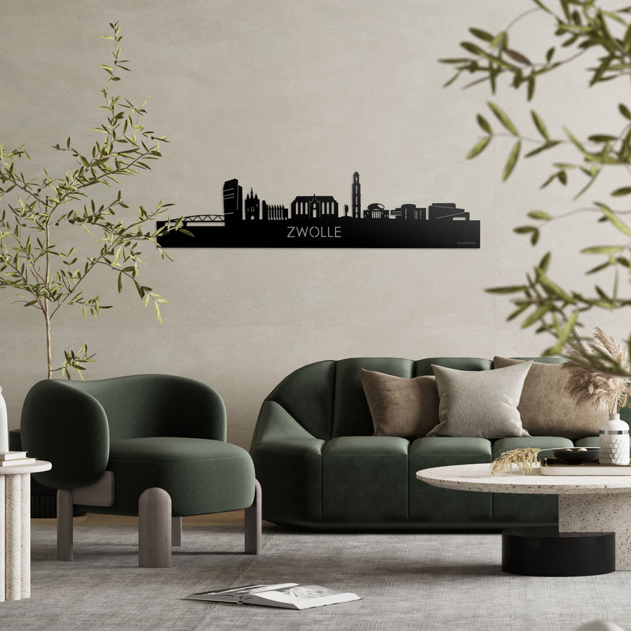 Skyline Zwolle Zwart glanzend gerecycled kunststof cadeau decoratie relatiegeschenk van WoodWideCities