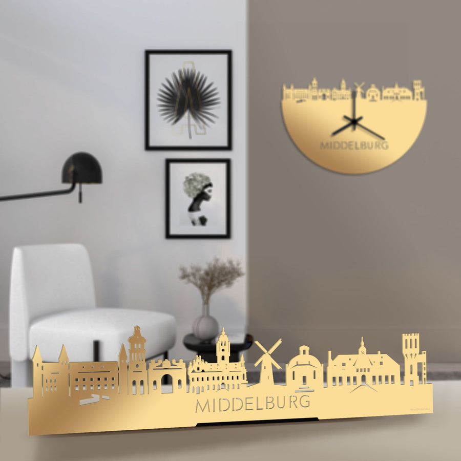 Standing Skyline Middelburg Metallic Goud gerecycled kunststof cadeau decoratie relatiegeschenk van WoodWideCities