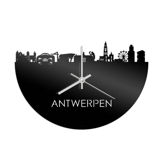 Skyline Klok Antwerpen Zwart glanzend gerecycled kunststof cadeau decoratie relatiegeschenk van WoodWideCities