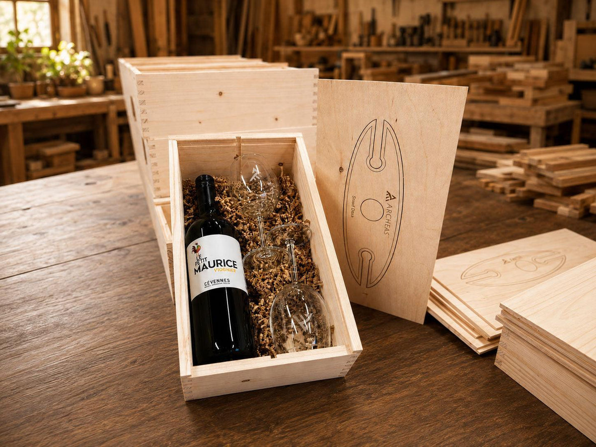 Houten wijnkist met het logo van Archeas gegraveerd, met fles en twee glazen erin