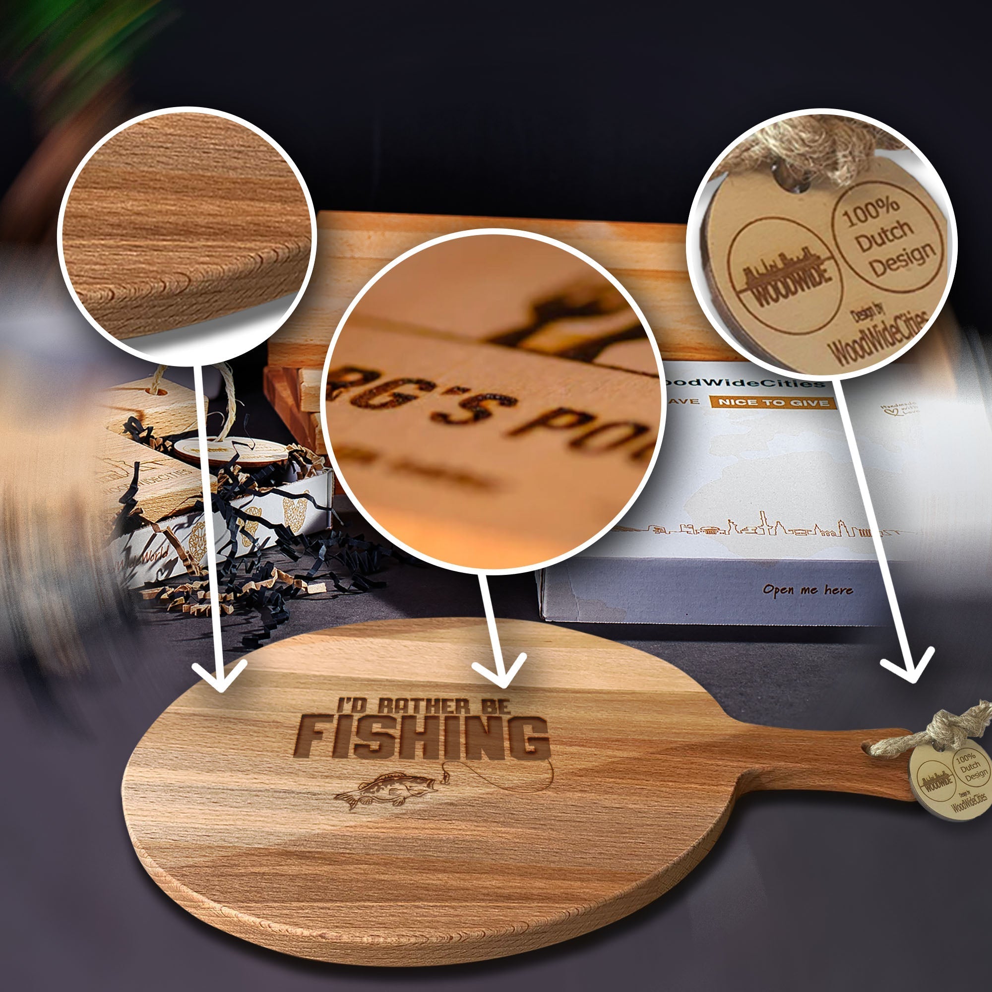 Serveerplank Rond Vissen I'd Rather Be Fishing houten cadeau decoratie relatiegeschenk van WoodWideCities