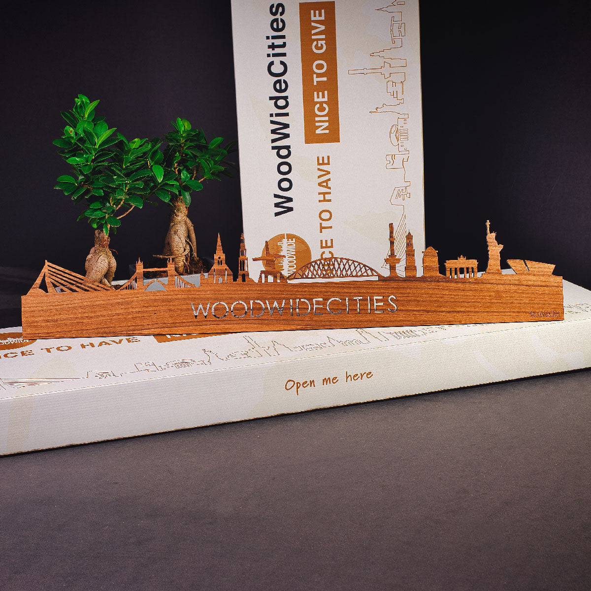 Skyline Alphen aan den Rijn Noten houten cadeau decoratie relatiegeschenk van WoodWideCities