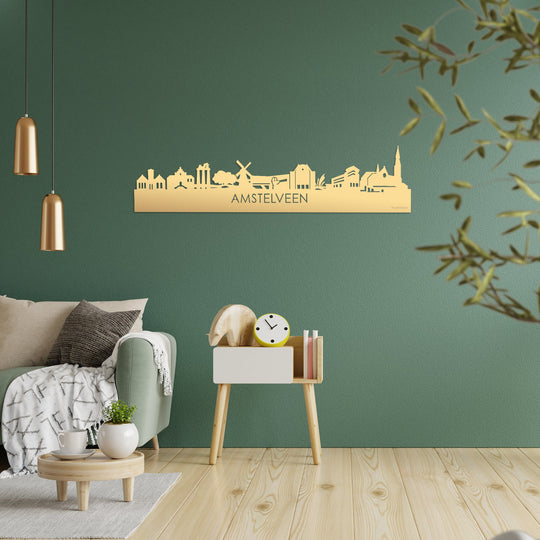 Skyline Amstelveen Metallic Goud gerecycled kunststof cadeau decoratie relatiegeschenk van WoodWideCities