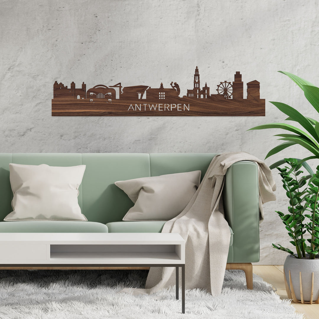 Skyline Antwerpen Noten houten cadeau decoratie relatiegeschenk van WoodWideCities