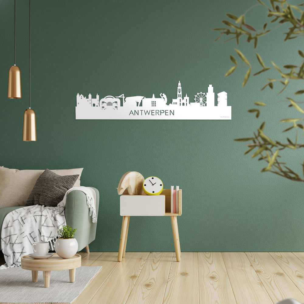 Skyline Antwerpen Wit glanzend gerecycled kunststof cadeau decoratie relatiegeschenk van WoodWideCities