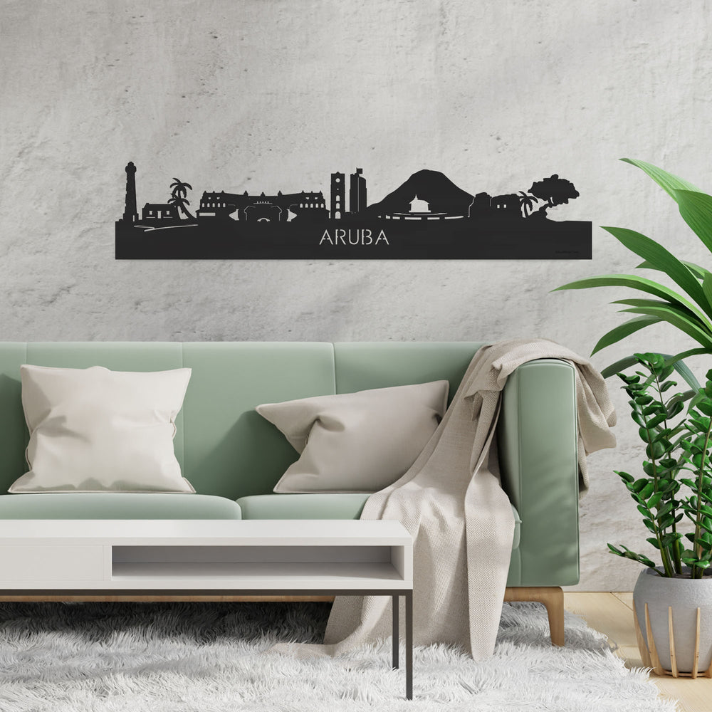 Skyline Aruba Zwart houten cadeau decoratie relatiegeschenk van WoodWideCities
